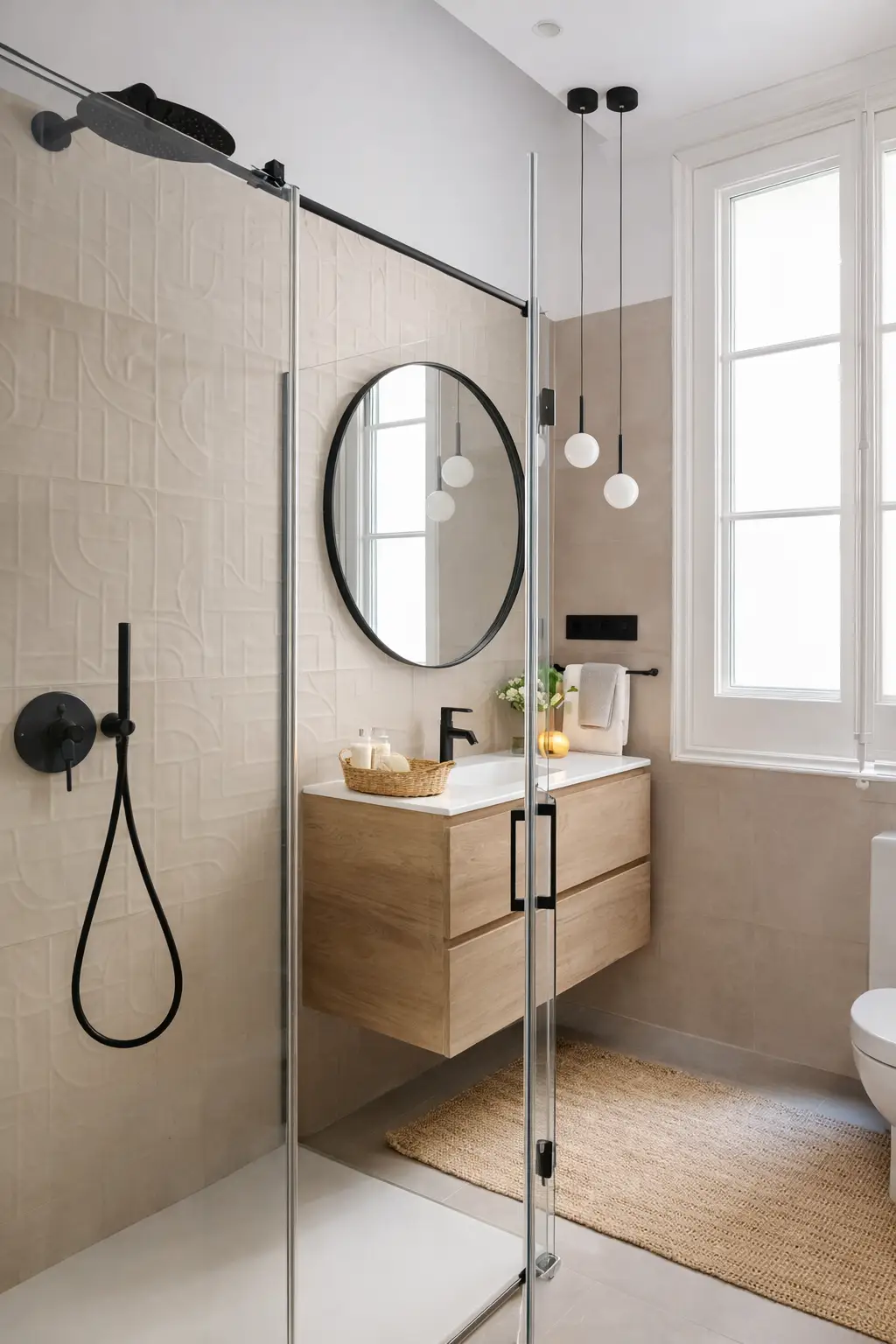 Reforma de baño con mueble de madera suspendido, grifería negra y mampara de cristal en Madrid